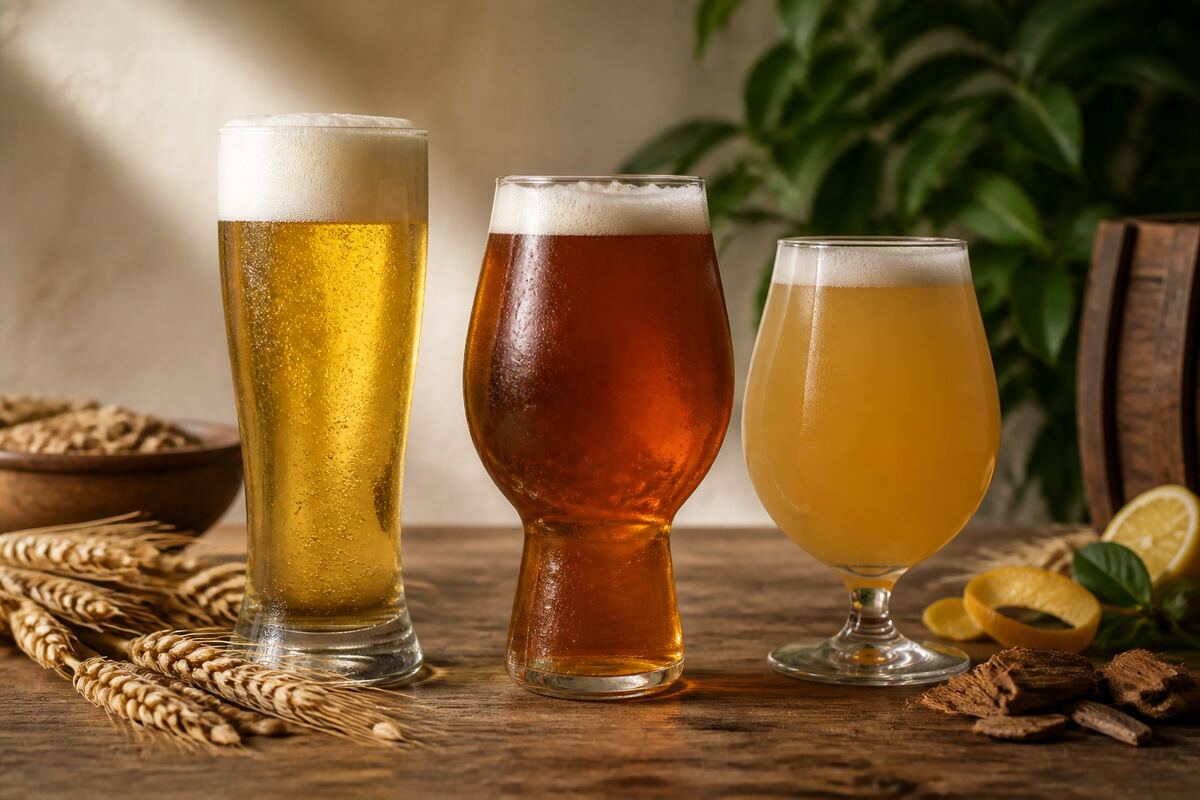 Match hoppy IPAs with rich and spicy dishes: editorial still life showing the main ingredients and brewing context
