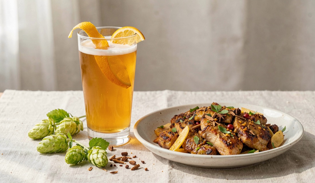 Match hoppy IPAs with rich and spicy dishes: professional view of bitterness balance, context showing fat cutting, with attention to aroma bridge